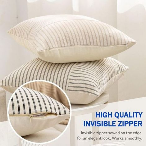 Housses coussin 45x45 cm, lot de 2, lin gris/beige, motif patchwork rayé, style ferme et moderne (1/5)