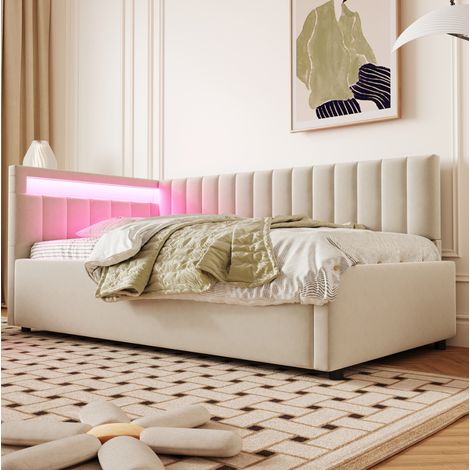 lit coffre 90x200 LED, sommier lattes, velours beige HAVRYA (1/5)