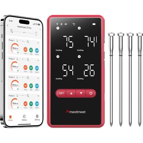 Meat Thermometer with Wi‑Fi and Bluetooth, 4 Probes, 6 Sensors, IP69 Waterproof, 650 ℃, Ideal for BBQ, Grilling, Smokers, Ovens and Kitchen (1/5)