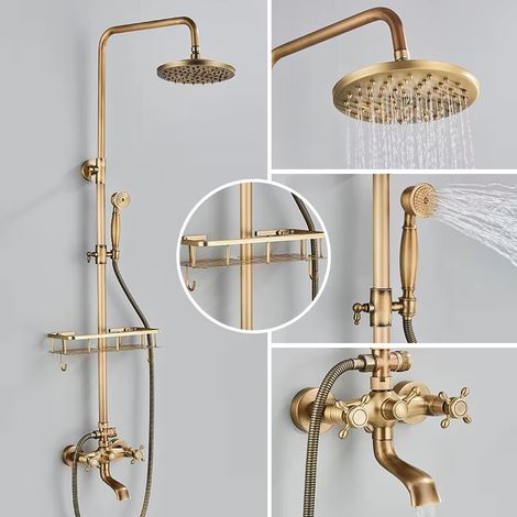Colonne de douche en laiton antique, robinetterie de douche avec étagère de rangement, Douche à effet pluie avec douchette et bec de baignoire (1/5)