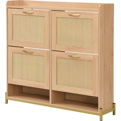 Platzsparender Schuhschrank aus MDF in heller Eiche mit 4 Türen in Rattanoptik und Ablage (1/5)