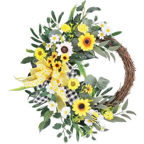 Couronne de tournesols artificielle en rotin, idéale pour décorer une porte d'entrée. Diamètre extérieur : 50 cm. (1/5)