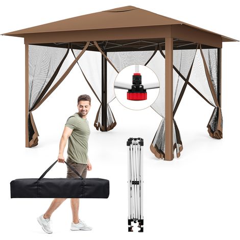 Tonnelle Pliante 3x3 m, Tonnelle de Jardin Exterieur Imperméable, UV 50+, Réglable en Hauteur, Barnum avec Moustiquaire, Cadre en Acier, Marron (1/5)