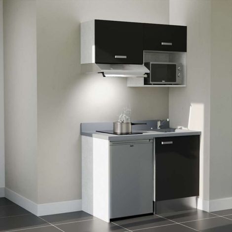 Kitchenette K02L - 120 cm avec plan monobloc, emplacement frigo, hotte et micro-ondes-Noir-Cromo-évier à droite