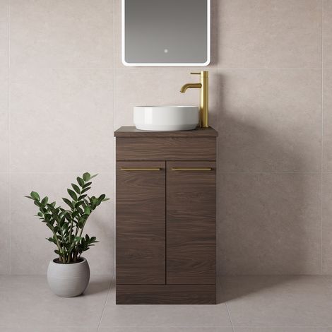 Napoli 390 Brown Oak 500mm 2 Door Vanity Unit for Countertop Basins - 500mm - Brushed Brass 160mm Handle
