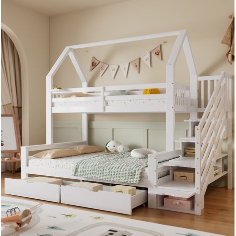 Letto a castello per bambini in pino e MDF bianco, 90x200 / 140x200 cm, con scaletta contenitore e 2 cassetti (1/5)