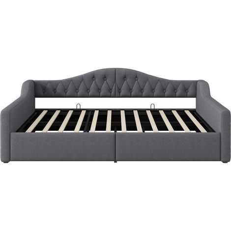 Cama con dosel tapizada 140x200 cm gris con LED y arcón (1/5)