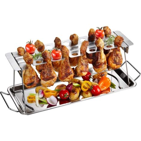 Grille d'ailes de poulet, support de grillade de poulet en acier inoxydable, avec plateau d'égouttage, grille et support de barbecue, pouvant suspendre jusqu'à 14 cuisses de poulet, pour le camping de (1/4)