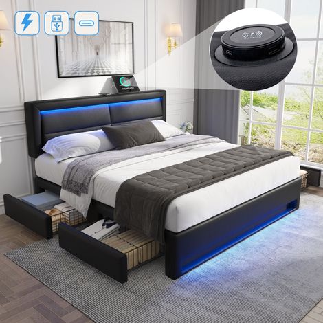 Lit double 140x190 cm, avec 4 tiroirs de rangement, éclairage LED, sans fil fonction de charge USB, sommier à lattes, lit capitonné en similicuir - Noir