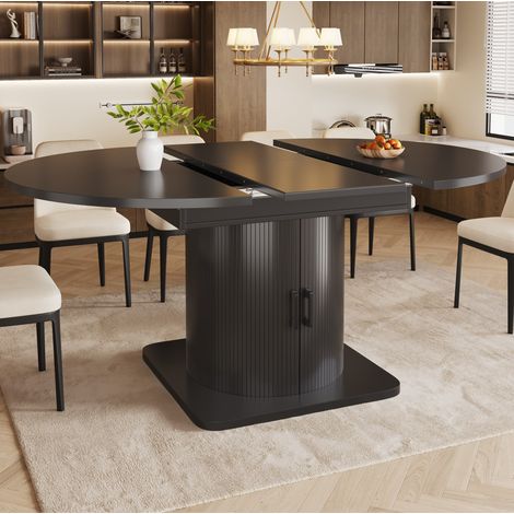Table à manger extensible 118-158x118 cm avec rangement, étagères amovibles et porte-verres, MDF noir (1/5)