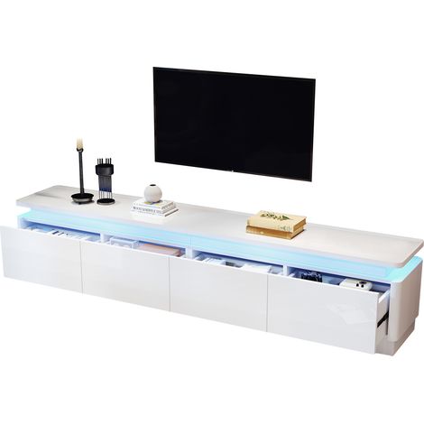 Meuble TV 180x34x40cm avec 4 tiroirs, support télé avec LED, bas buffet brillant, console TV blanche pour écran jusqu'à 80 pouces (1/5)