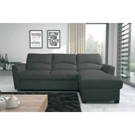 Canapé d'angle convertible en cuir de luxe italien , 5 places LUGANO, gris foncé, angle droit (1/4)