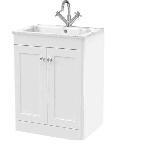 Swynnerton Traditional 2 Door Floor Standing Vanity Unit with Stone Basin, Satin White, 600mm