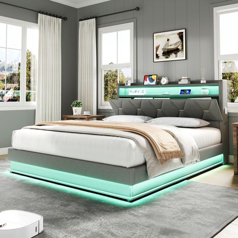 4ft6 King Upholstered Bed Frame with Hydraulic Storage, LED Headboard, USB and Type-C Ports, Linen, Grey (No Mattress)