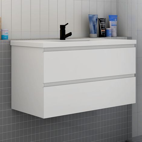 Meuble de salle de bain avec vasque, 100 cm 2 tiroirs à fermeture amortie blanc - meuble suspendu (1/2)