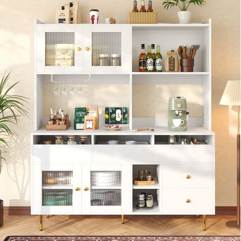 Buffet 145/39/171 cm blanc en MDF et métal avec portes vitrées et porte-bouteilles (1/5)