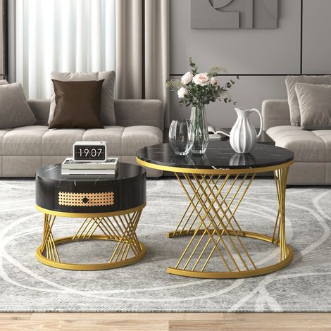Lot de 2 Tables Basses Gigognes Rondes Effet Marbre, Table de Salon avec Tiroir en Rotin Synthétique et Pieds Artistiques en Métal Doré pour Séjour - φ70cm+φ50cm - Noir (1/5)