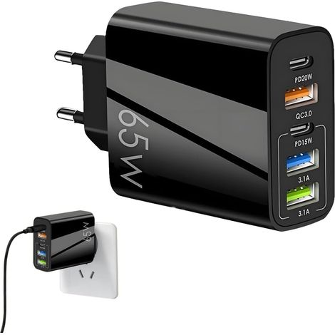 Chargeur USB C 65W 5 Ports, USB Multiple Prise Chargeur Rapide avec 2 USB C + 2 USB + 1 QC 3.0, Type C Fast Charger Universel, Compatible avec Smartphone, Tablettes, Batteries Externes (1/5)