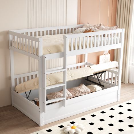 Letto a castello 90x200 cm, letto singolo per 2 persone con contenitore idraulico, letto contenitore in legno massello, bianco, senza materasso