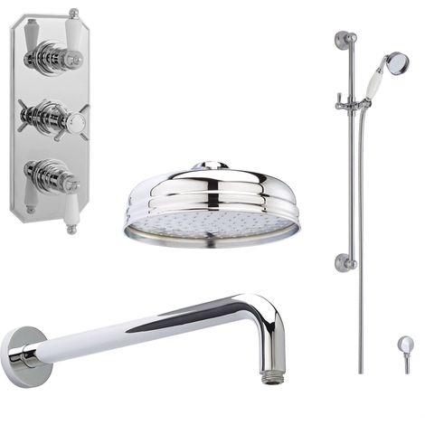 Balterley Traditional Triple Thermostatic Valve, Shower Arm, Fixed Shower Head And Slider Rail Kit, Chrome (1/4)