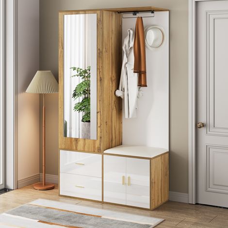 Porte-manteau avec miroir, rangement pour chaussures, banc avec patères et penderie escamotable, Blanc et bois, 100x38x180cm