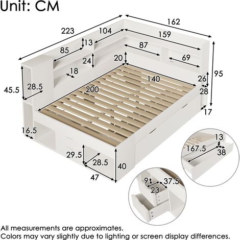 Lit de jour double 140x200 cm bois blanc,LED,station recharge USB/Type-C,rangement complet,cadre à lattes,pour amis et famille,avec matelas (1/5)