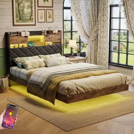 Doppelbett 140x200 cm – Erwachsenenbett mit Regalen und verstecktem Stauraum, LED, USB-Anschlüsse, Vintage-Stil, Holzlattenrost, Gepolstertes Kunstlederkopfteil – Braun