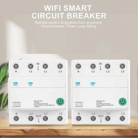 Disjoncteur intelligent WiFi 3P+N 4P 1-63A avec application ACTuya, minuterie à distance, affichage de l'état du relais, compatible avec la commande vocale Alexa et Google, montage sur rail DIN. (1/5)