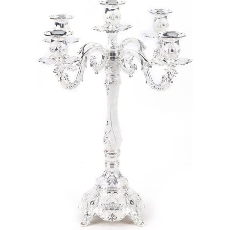 5 Arms Candelabra European Style Metal Candlesticks Holder 38 cm Metal European Style Candlelight Dinner Home Decor Silver White (1/5)