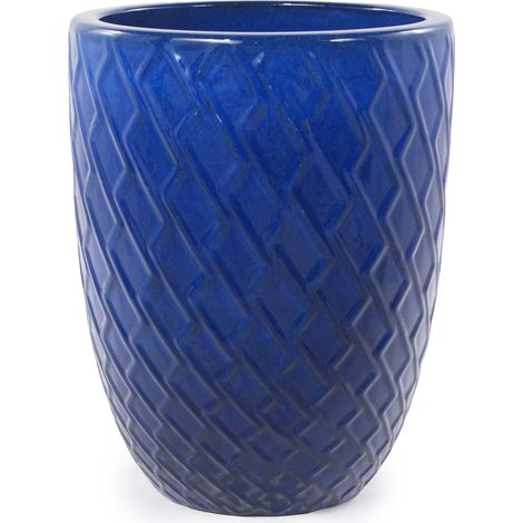 Grand Pot de Fleurs en Céramique Bleu Roi, 42 cm de Diamètre × 54 cm de Hauteur, Motif Losange, Résistant au Gel avec Trous de Drainage (1/5)