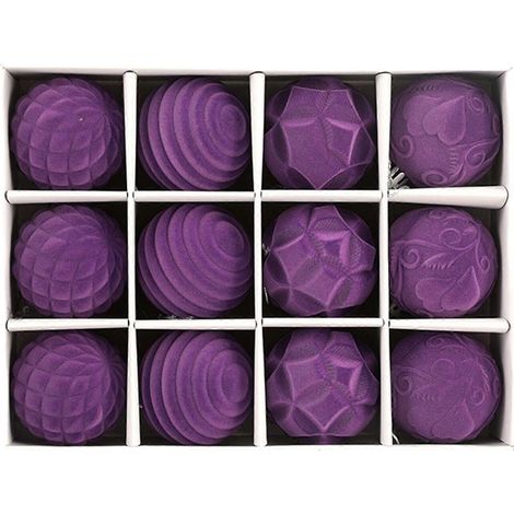 12er-Packung beflockte Weihnachtsbaum-Anhänger, 8 cm, bruchsichere Kugeln, lila, für Weihnachts- und Partydekoration (1/5)