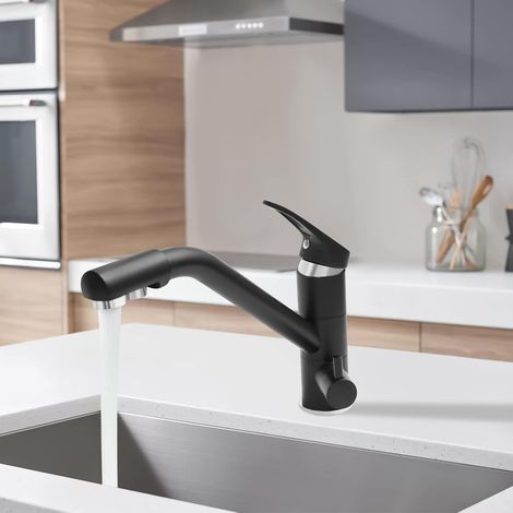 Robinet de cuisine 3 voies noir, Mitigeur 3 en 1 rotatif à 360 °, Robinetterie en acier inoxydable, avec 2 leviers pour toilettes (1/5)
