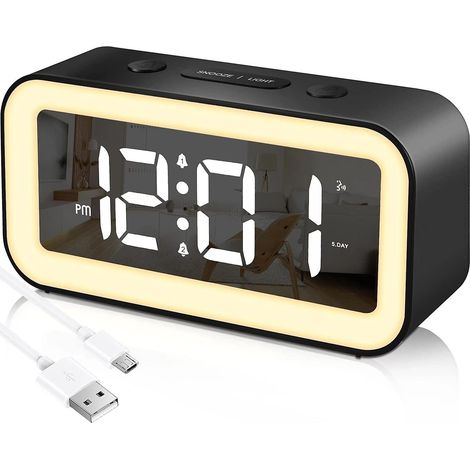 Réveil numérique avec veilleuse, luminosité réglable de 0 à 100 %, miroir, horloge numérique LED électronique (1/5)