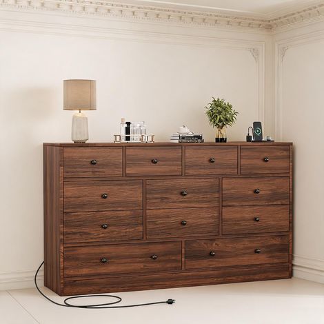 Commode à 12 tiroirs en bois avec prises et ports USB intégrés, grand meuble TV pour salon, chambre et dressing, glissières métalliques, tiroirs de tailles variées, 155 cm (1/5)