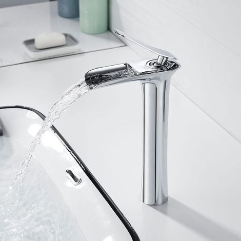 Moderne Waschtischarmatur mit hohem Wasserfallauslauf, Messing, 235 mm Auslaufhöhe, Warm- und Kaltwasseranschluss, Chrom-Finish