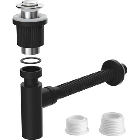 Siphon design avec valve pop-up : avec couvercle chromé, tube en acier inoxydable (304) réglable en hauteur et flexible pour lavabo avec trop-plein - Raccord universel G1 1/4" - Noir (1/5)