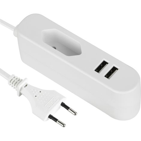 Euro-Verlängerungskabel cable mit 2x usb-Ladeanschlüssen usb: 2,4a gemeinsamer Ausgang, 1,4 m Kabel, weiß, ideal für unterwegs (1/5)