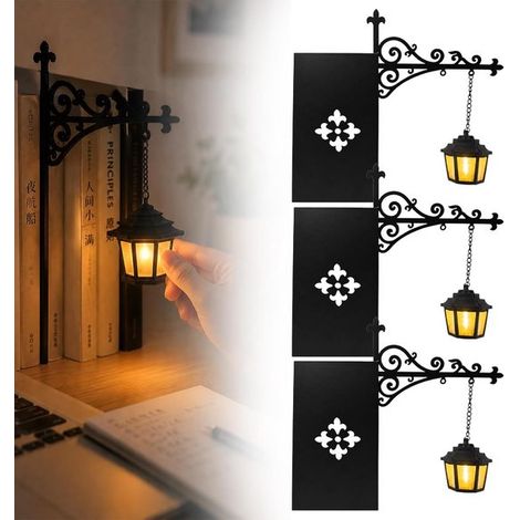 Lanterna da biblioteca, forma a lanterna in 3 pezzi, lampada da lettura retrò, fermalibri in metallo, illuminazione decorativa per mensole, lampada angolare a LED antica, luce calda, uovo (1/5)