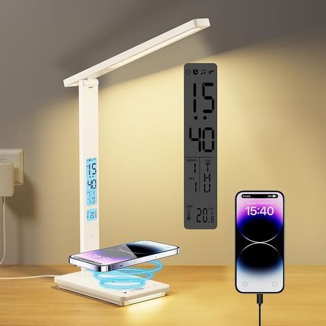 Lampe de Bureau LED avec Chargeur sans Fil & Port USB, 5 Couleurs Luminosité Variable Touch Control, Lampe Chevet 2 Veilleuses, Large Écran LCD Horloge Température, Lampe pour Bureau Étude (1/5)