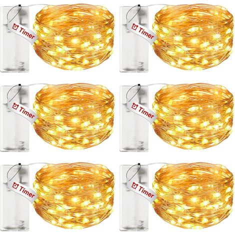 Lot de 6 Petite Guirlande Lumineuse à Pile avec Minuteur, 3M 30 LED Fil Cuivre Fairy Lights, Gguirlande LED à Pile (Piles AA) Pour Fête, Noël, Halloween, Mariage, Décoration, Blanc Chaud (1/5)