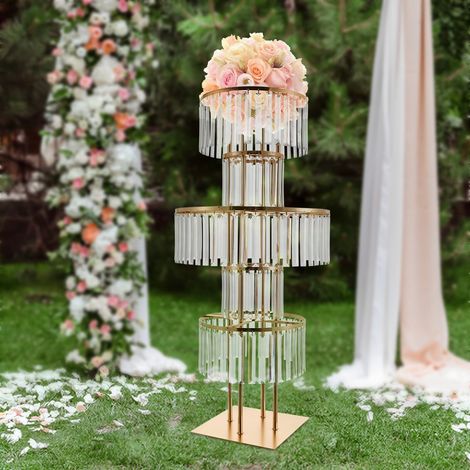 Jarrones dorados para bodas, centros de mesa, soportes para flores de cristal con cristales colgantes, pie redondo de 5 niveles de 110 cm para bodas, decoración floral para escenarios en forma de T. (1/5)