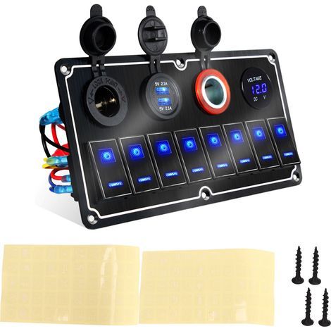 RV Panneau D'interrupteur à Bascule étanche 8 Gang Rocker Switch Panel 12 à 24V 2 LED Bleues avec Autocollant DIY 5 Broches étanche pour Voitures RVs Yachts Navires. (1/5)
