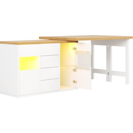 Isola cucina girevole 360° con LED RGB 120-197 cm, 4 cassetti e ante in vetro bianca (1/5)