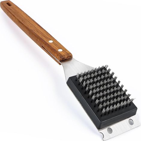 Cepillo para barbacoa, 2 en 1, mango grande de madera, para parrilla de carbón y eléctrica. (1/5)