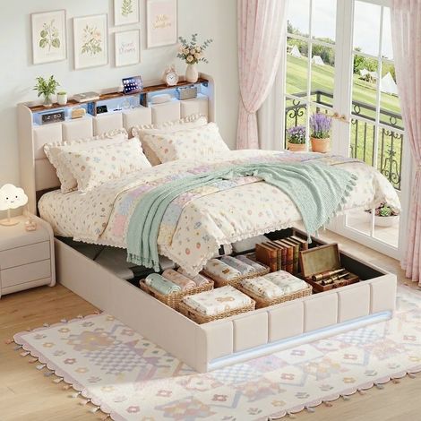 Doppel-Stauraumbett 140x200 cm mit LED und USB - Erwachsenenbett aus Leinen - Kopfteil mit Ablage und Typ-C-Anschluss - Hydraulischer Lattenrost - Beige