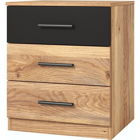 Comodino tre cassetti, collezione EOS. Colori rovere chiaro e nero.
