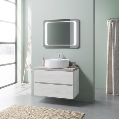 Mobile Sottolavabo Sospeso 80 Cm Rovere Bianco E Specchio Led 80X60  Elba