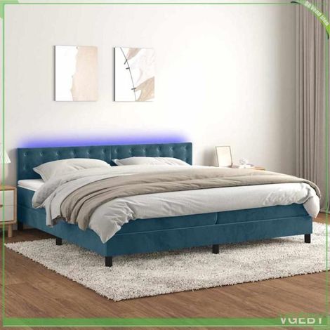 Sommier tapissier avec matelas et LED - Modèle 3134667 - 200x200 cm - Velours bleu foncé - Tête de lit réglable (1/5)