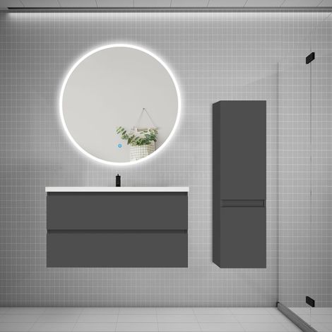 Ensemble meuble vasque L.99cm 2 tiroirs + lavabo + LED miroir rond 100cm + colonne B,anthracite (1/5)