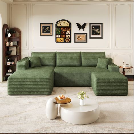Sofá de esquina 241 cm verde en tela de pana sin montaje con chaise longue (1/5)